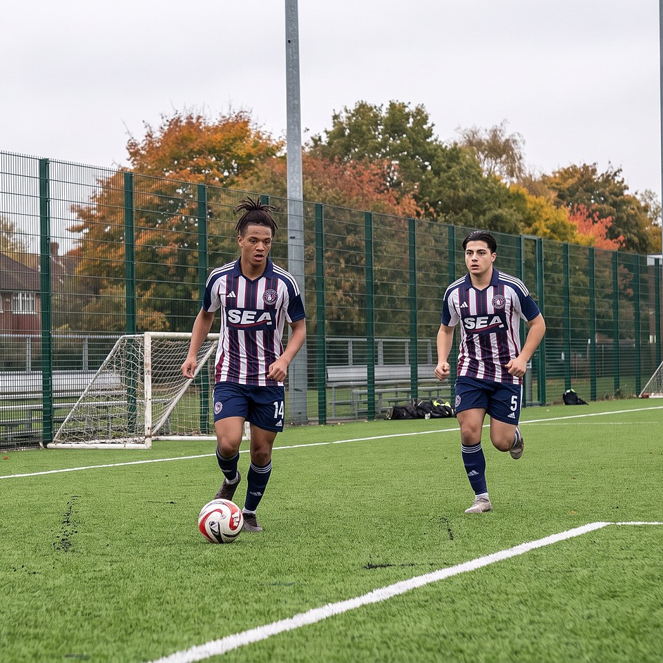 Gabriel Costa (#14) on the ball with Omar Khalil (#5) chasing in training on the turf